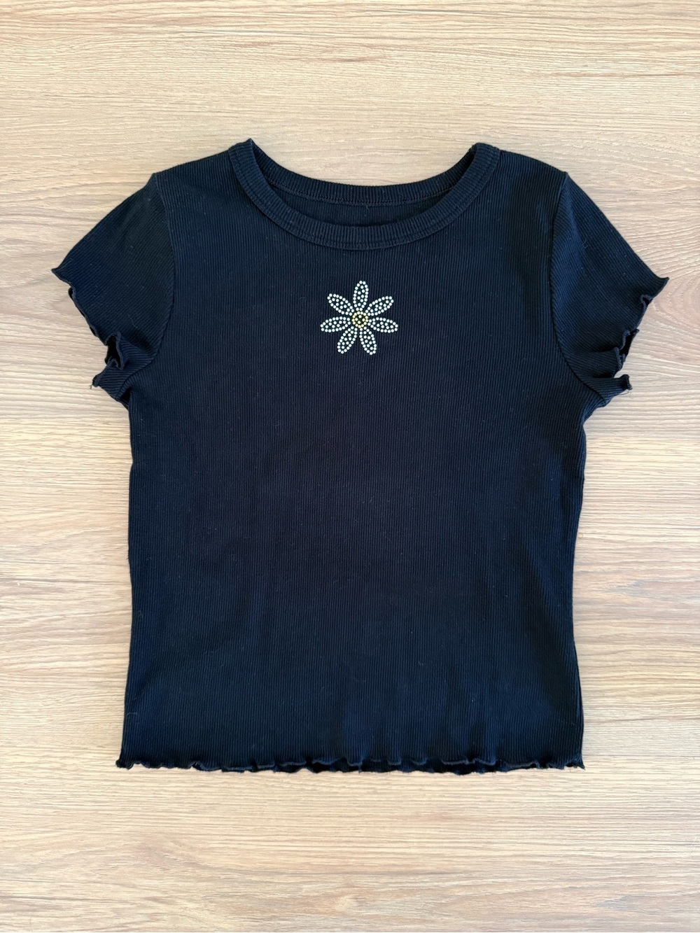 Art Class Black Short Sleeve Top with Gem Daisy- Girls 10/12
